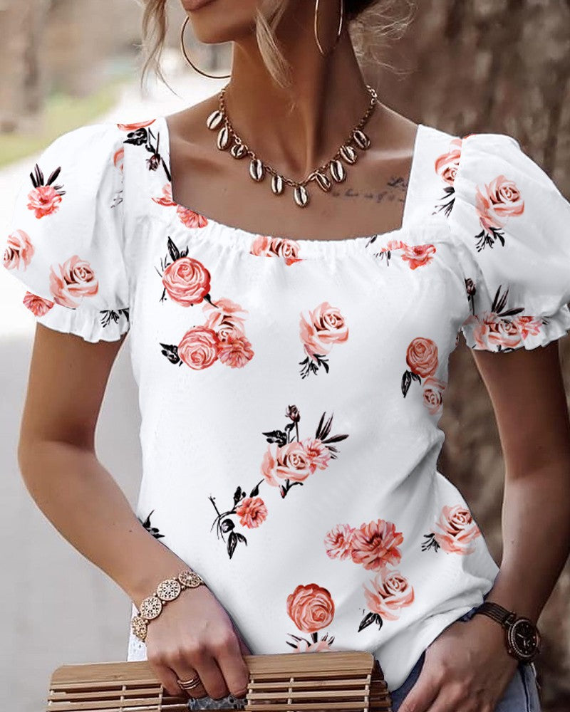 Square Neck Hollow-out  Knot Back Bubble Sleeve Floral Print Blouse