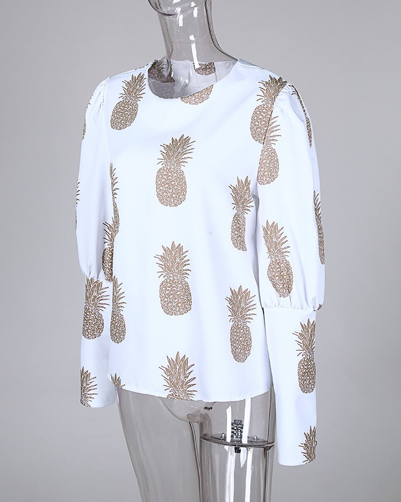 Pineapple Print Metal Buttoned Detail Casual Blouse