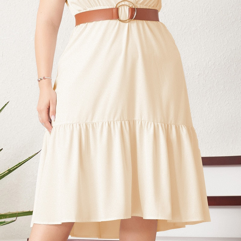 Dresses Woman Summer Plus Size Cream Apricot French Commuter Style V-neck Short Sleeve Belt Sashes Ruffle Hem Midi Dress
