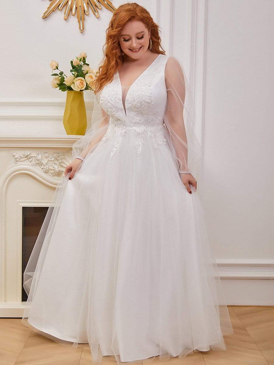Plus Size Lantern Sleeves Beaded Applique Casual Wedding Dress