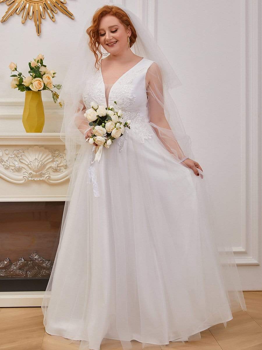 Plus Size Lantern Sleeves Beaded Applique Casual Wedding Dress