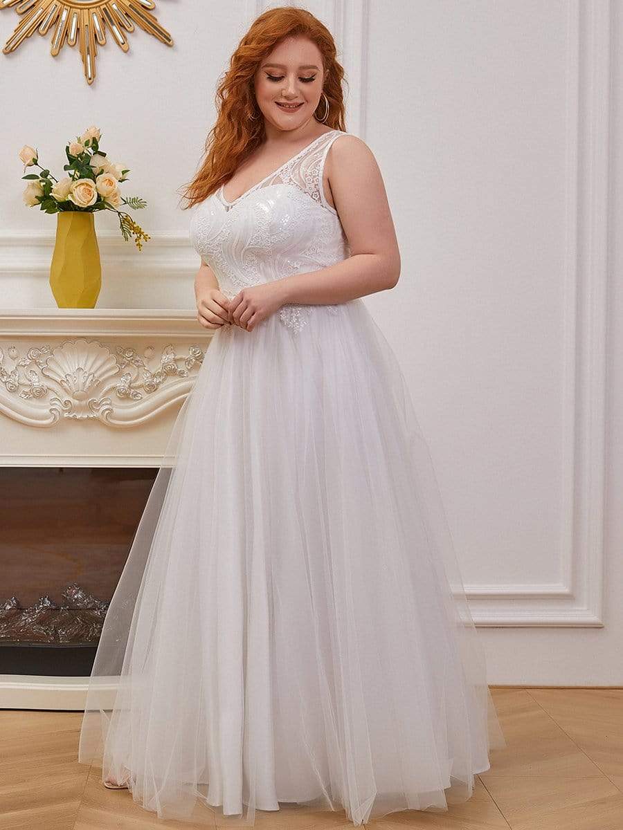 Plus Size Sleeveless Embroidery Long Tulle Wedding Dress