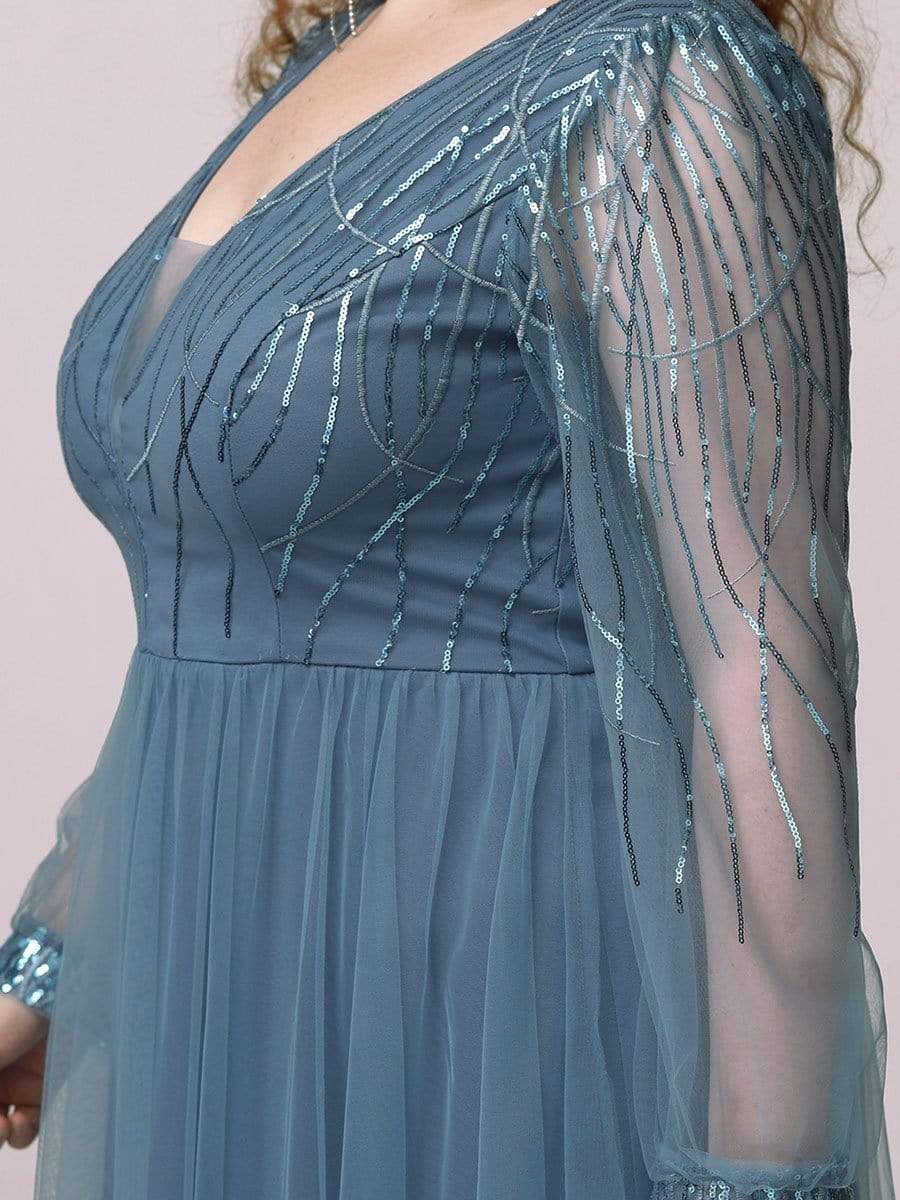 Plus Size Sequin Bodice Long Sleeve Tulle Evening Dress