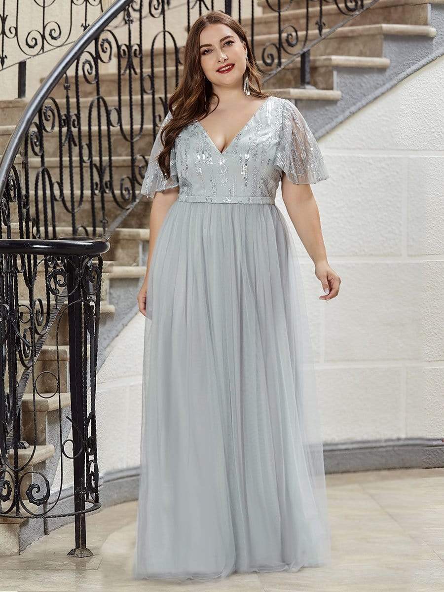 Plus Size Tulle Evening Dresses for Women with Short Sleeve