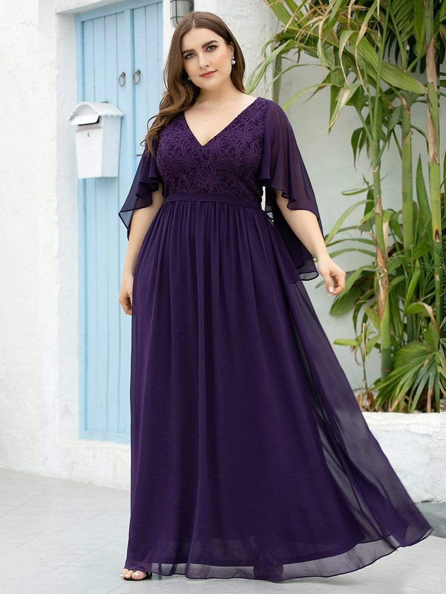 Women's Floor Length Deep V Neck Plus Size Evening Dress with Lace