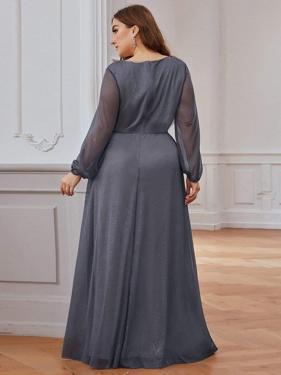 Women's Sexy V-Neck Shiny Plus Size Evening Dresses with Long Sleeve