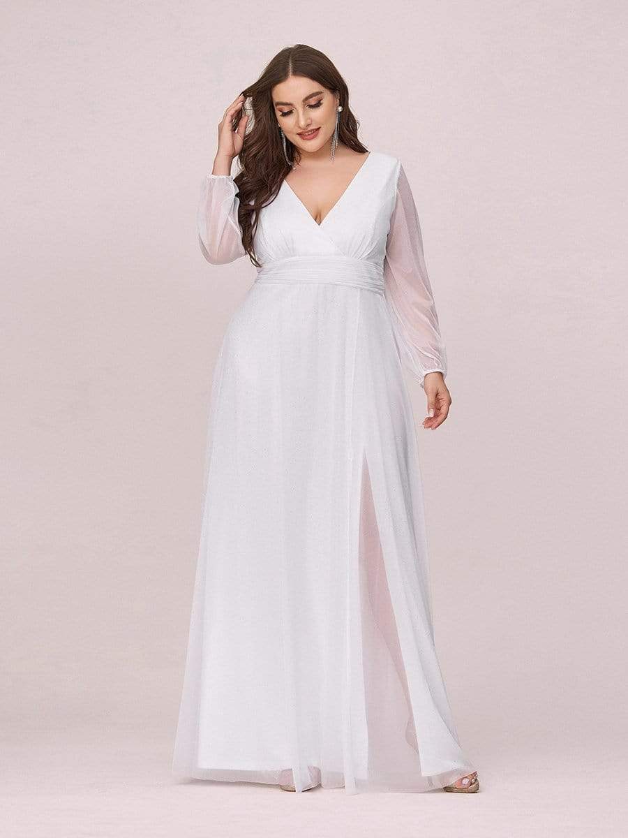 Women's Sexy V-Neck Shiny Plus Size Evening Dresses with Long Sleeve