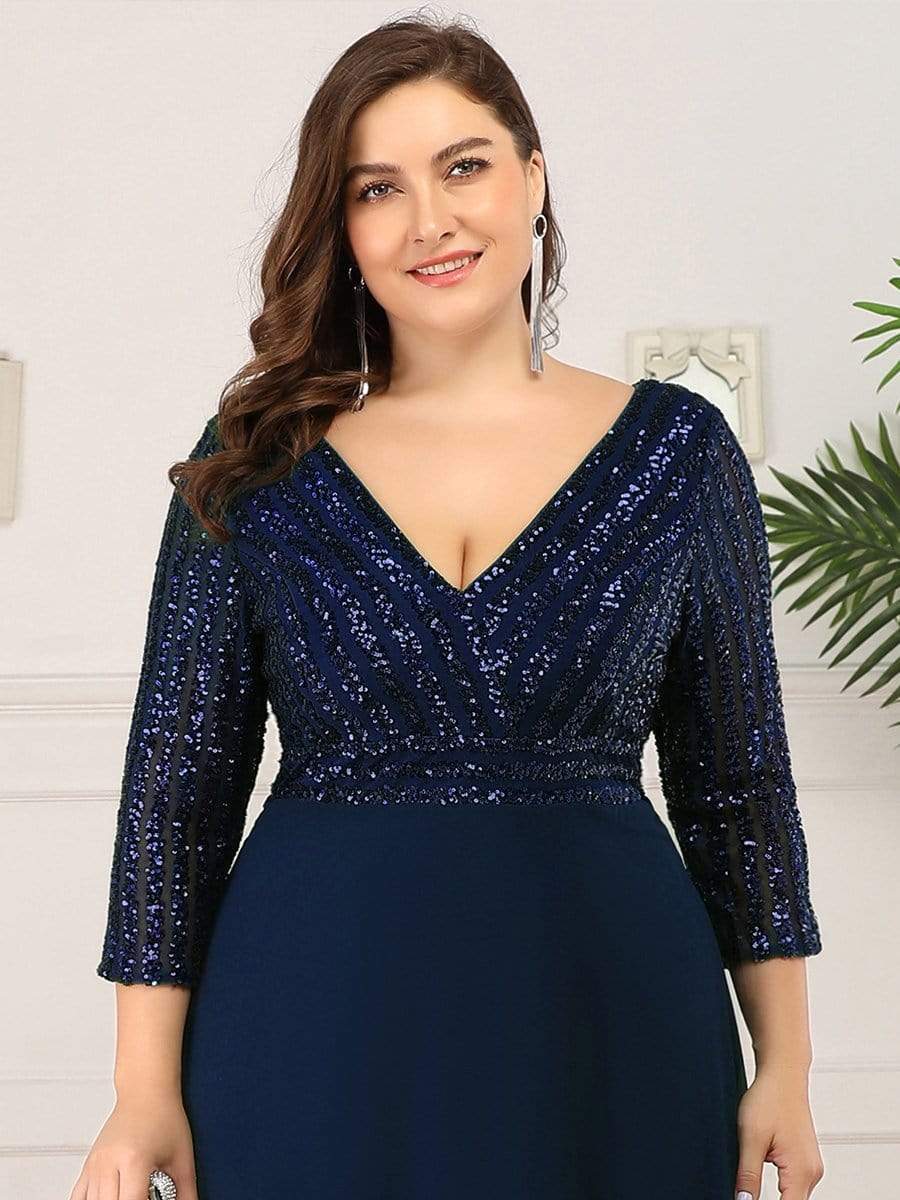 Plus Size V Neck A-Line Sequin Evening Dress with Sleeve