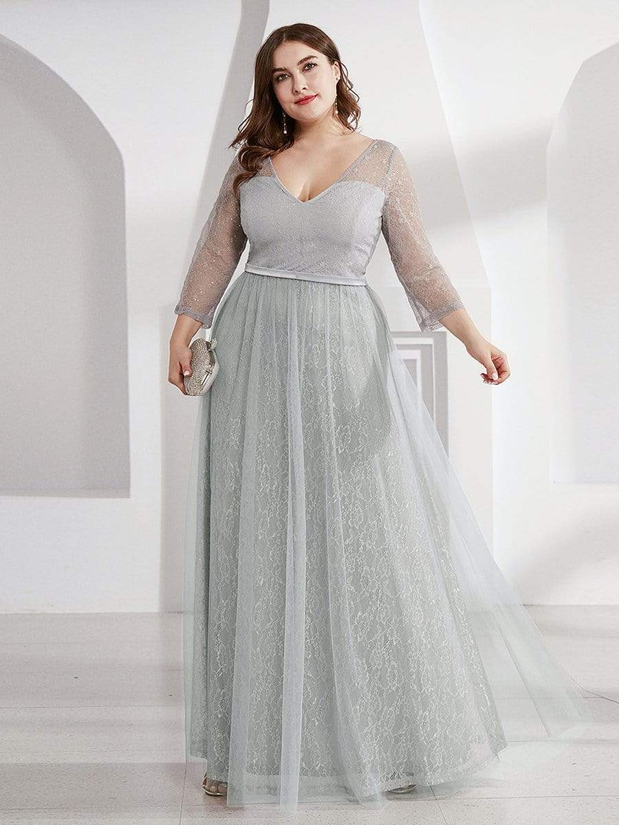Women's V-Neck Lace Plus Size Wedding Guest Dresses with 3/4 Sleeve