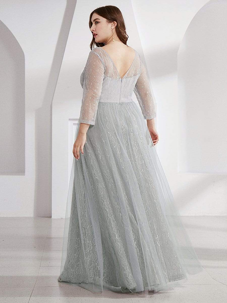Women's V-Neck Lace Plus Size Wedding Guest Dresses with 3/4 Sleeve