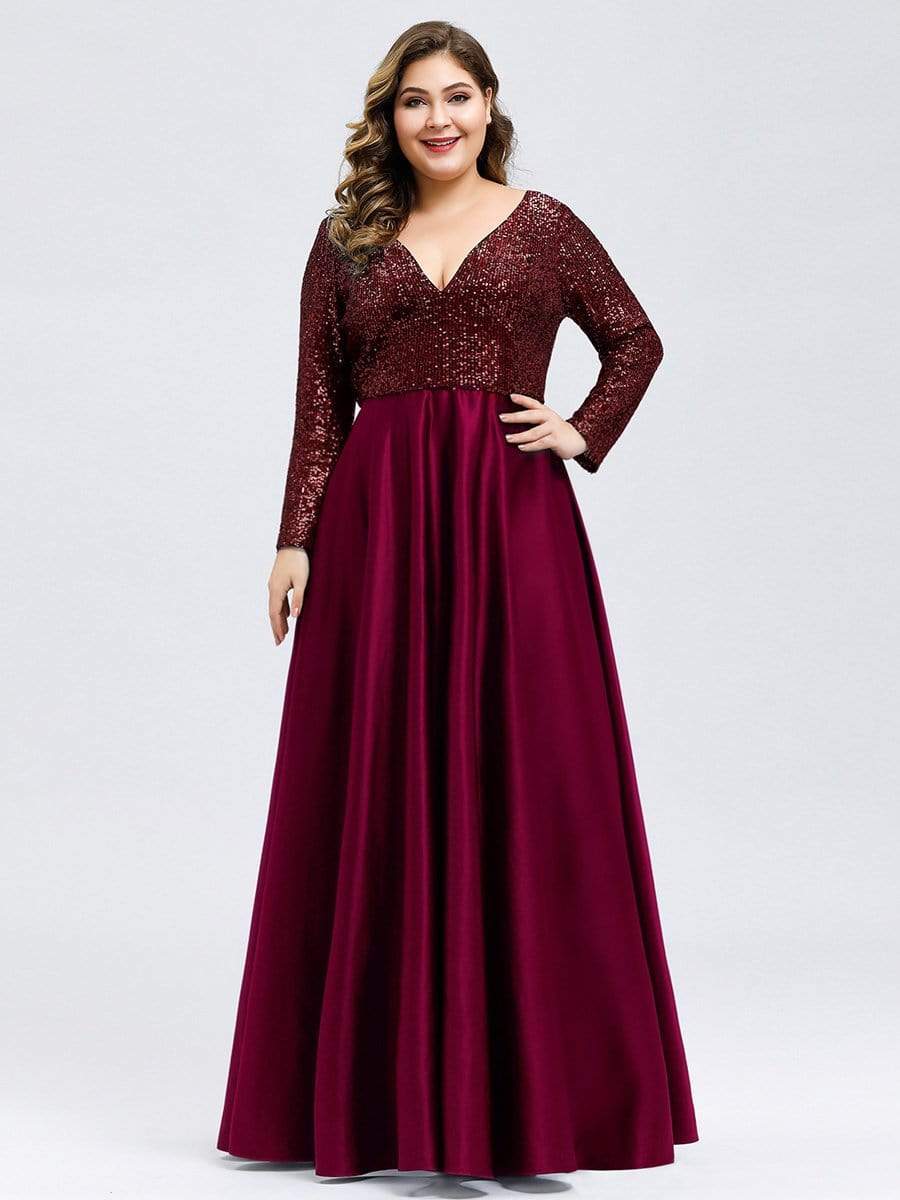 Elegant V-Neck Sequin Print Plus Size Evening Gowns for Women