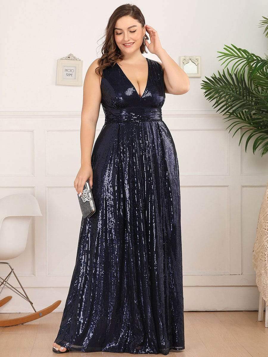 Double V Neck Maxi Long Plus Size Sequin Prom Dress for Women