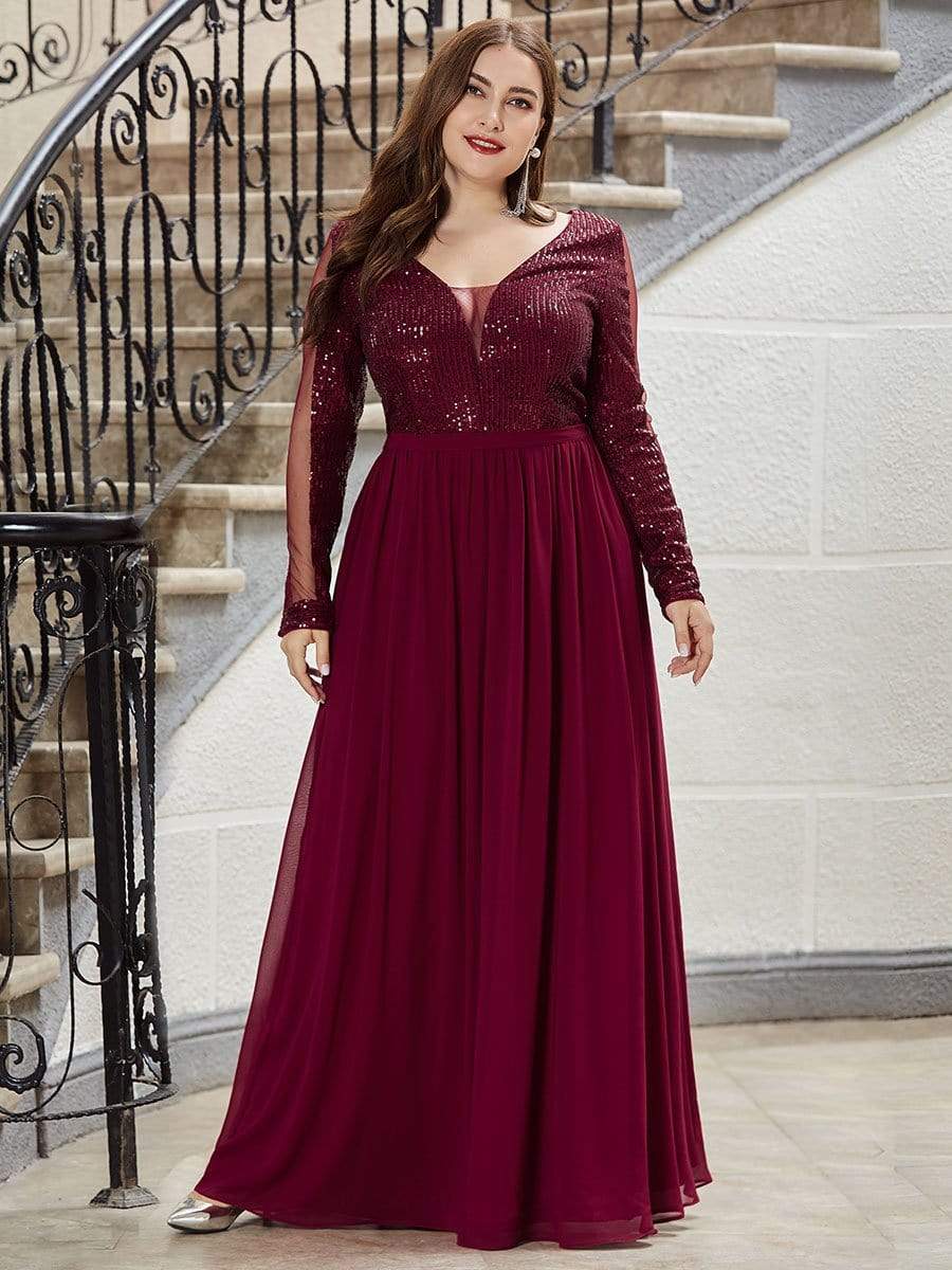 Women's See-through Plus Size Sequin Evening Dresses with Long Sleeve
