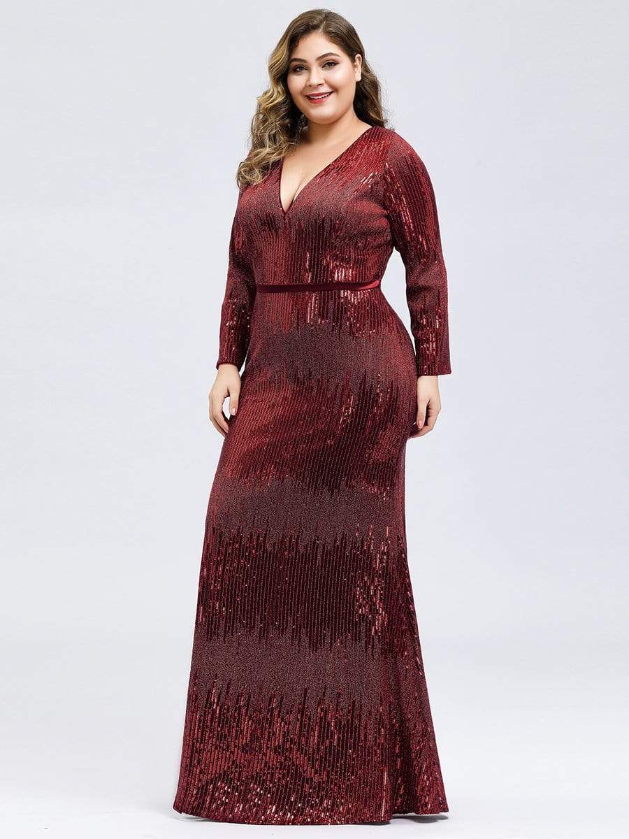 Plus Size Deep V-Neck Sequin Evening Dress with Long Sleeve