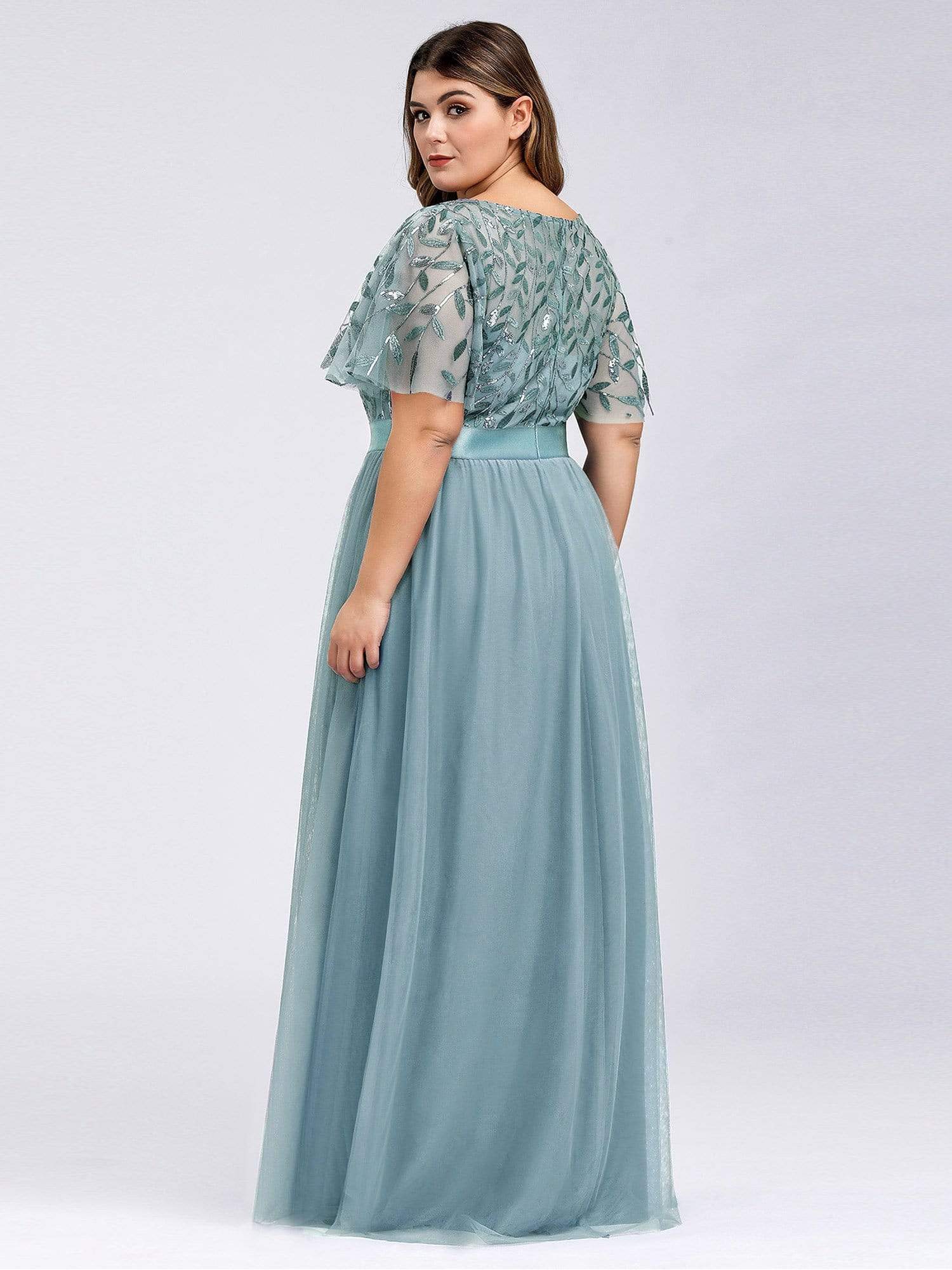 Plus Size Women's Embroidery Evening Dresses with Short Sleeve