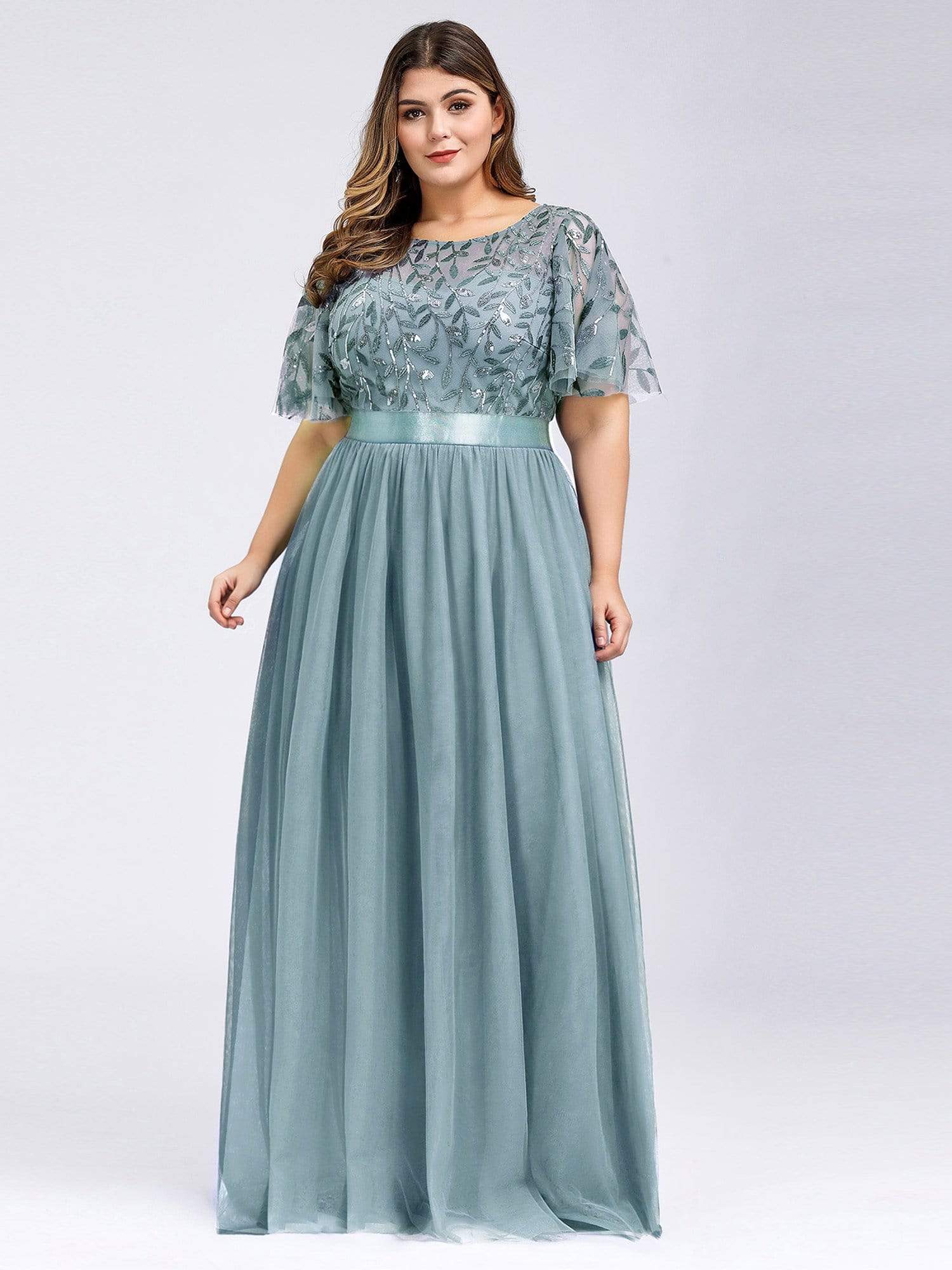 Plus Size Women's Embroidery Evening Dresses with Short Sleeve