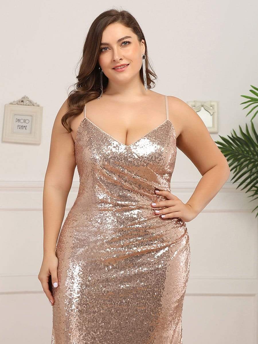 Sexy Spaghetti Straps Plus Size Sequin Evening Gowns for Women