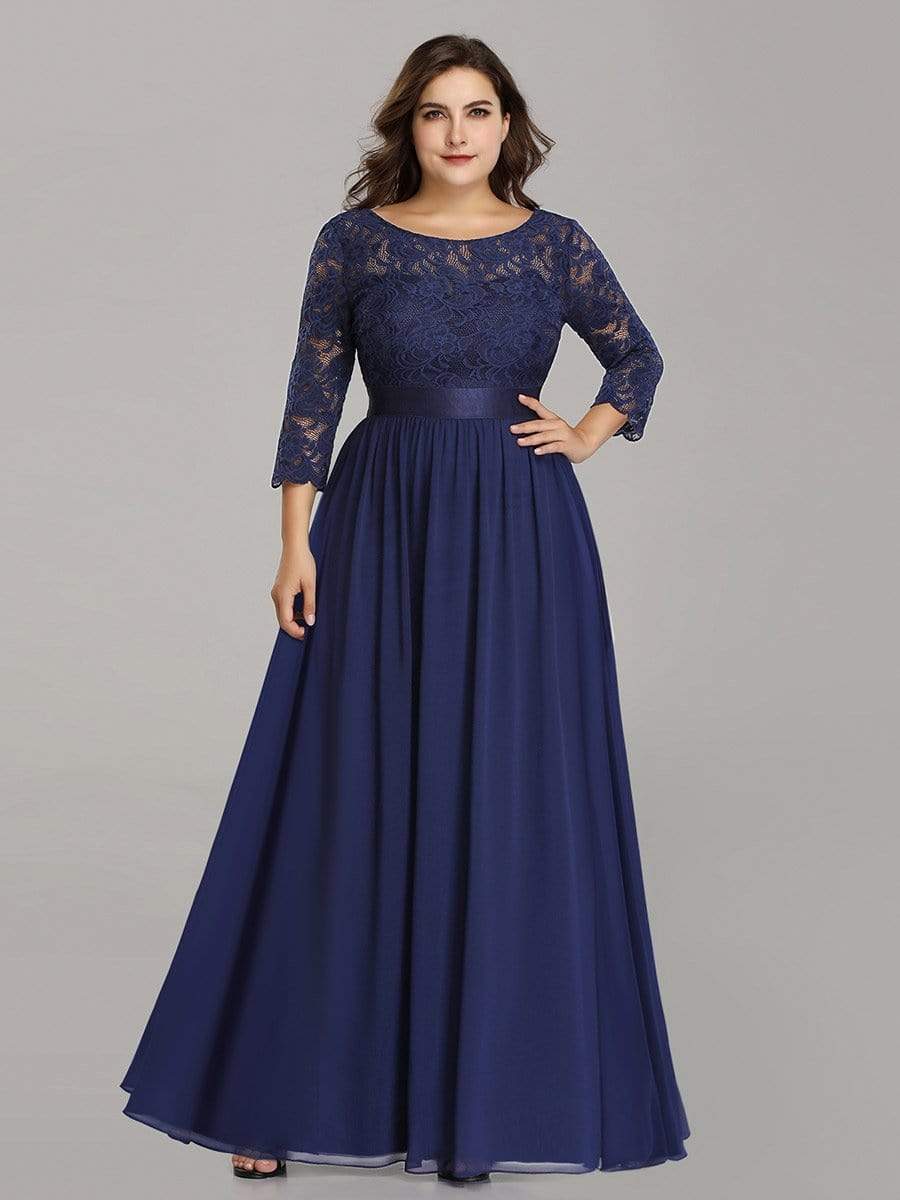 Plus Size See-Through Floor Length Lace Evening Dress with Half Sleeve