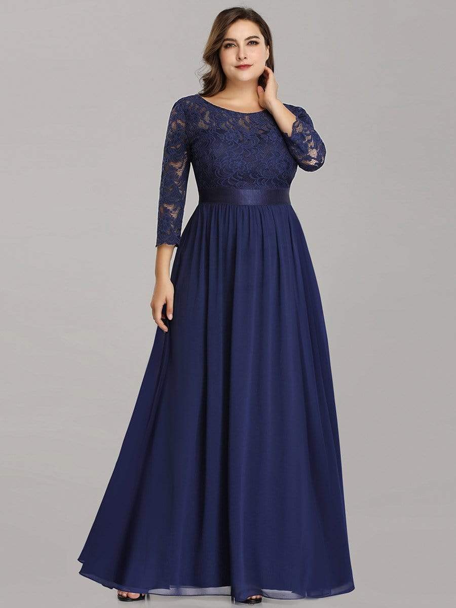 Plus Size See-Through Floor Length Lace Evening Dress with Half Sleeve