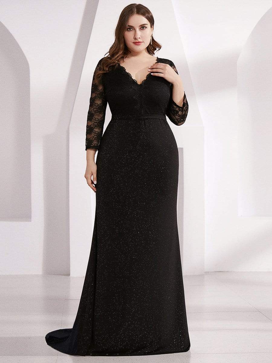 Plus Size Shiny Fishtail Evening Dresses with 3/4 Lace Sleeves