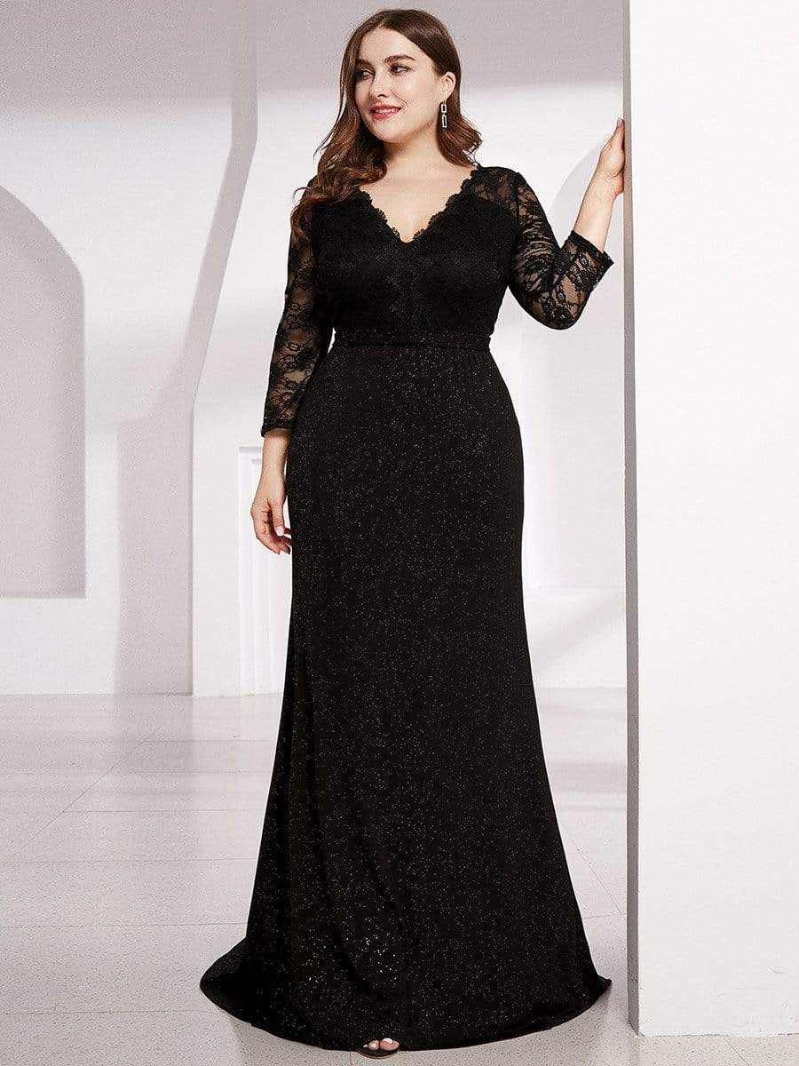 Plus Size Shiny Fishtail Evening Dresses with 3/4 Lace Sleeves