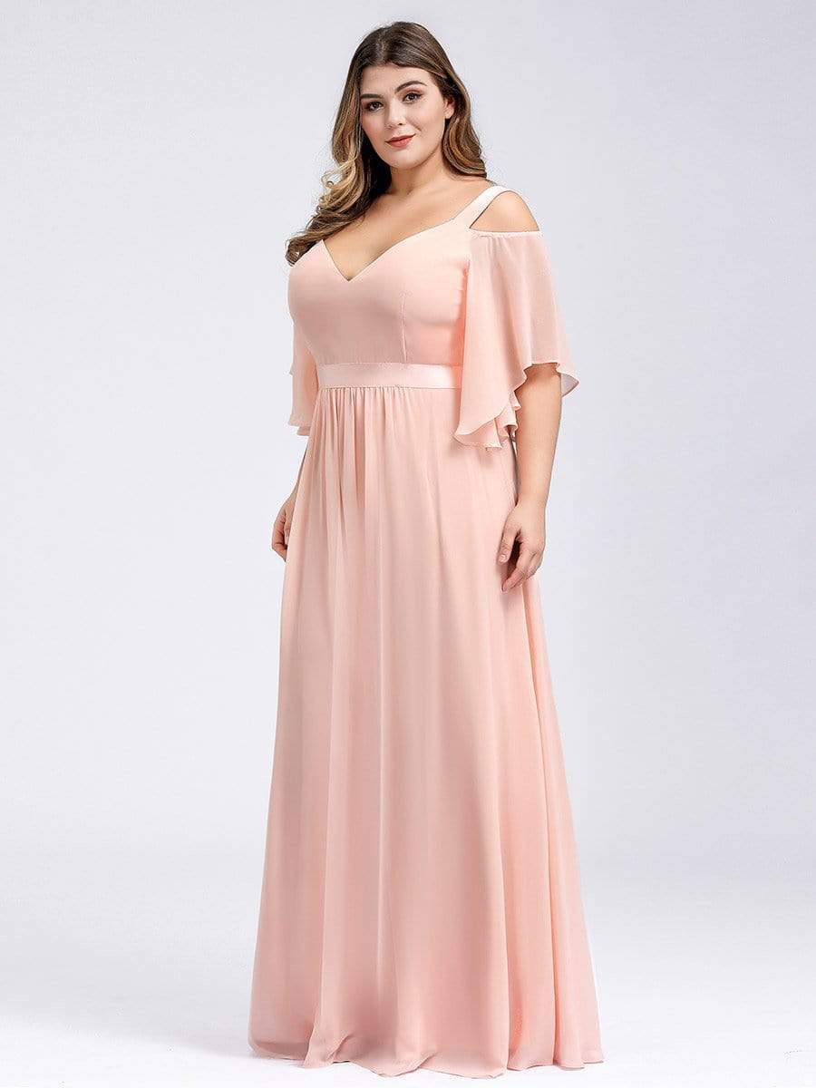 Plus Size Women's Off Shoulder Floor Length Bridesmaid Dress with Ruffle Sleeves