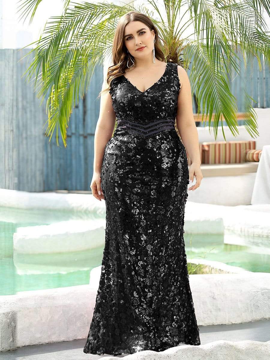 Plus Size Maxi Long V Neck Mermaid Sequin Prom Dresses for Women