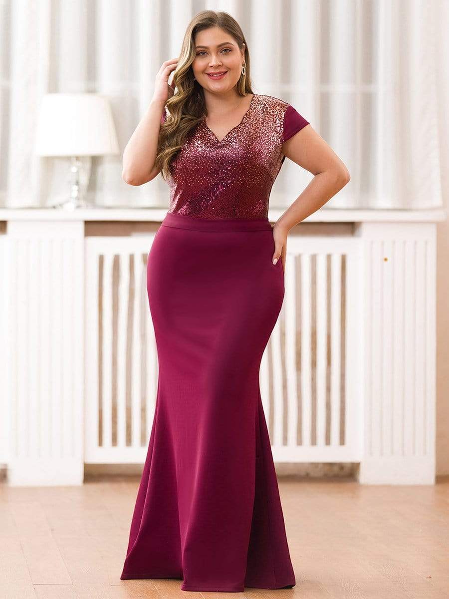 Women's V-Neck Mermaid Sequin and satin Evening Party Dress
