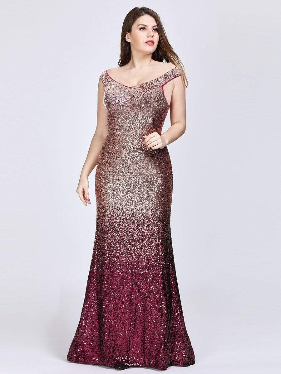 Plus Size Off Shoulder Sparkles Sequins Evening Gown