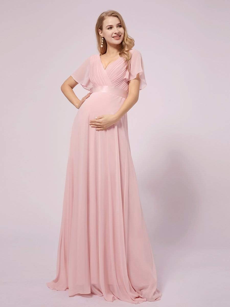 Empire Bodice Pleated Maxi Maternity Dress with Sleeves
