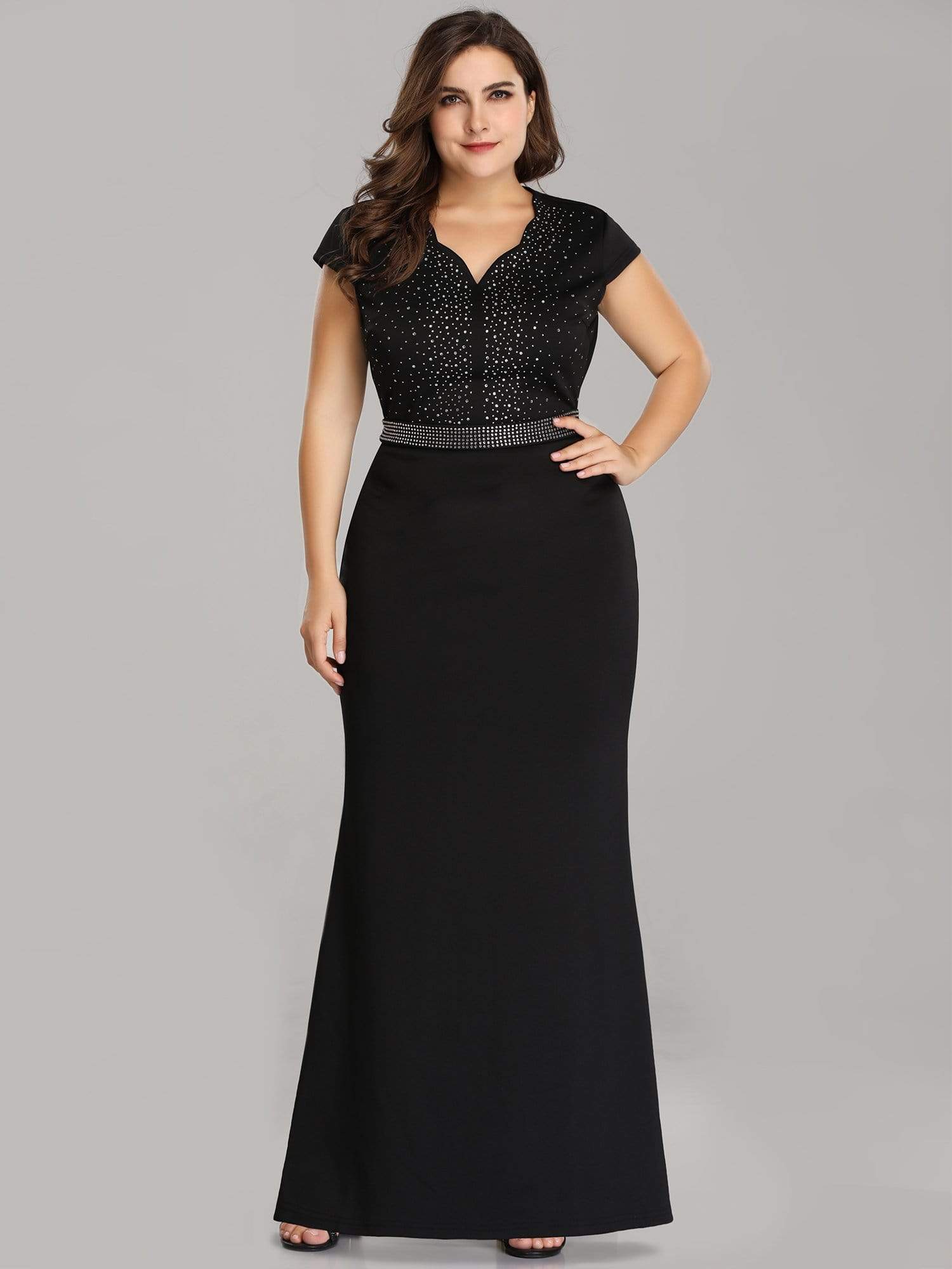 Sparkly Rhinestone Print Plus Size Evening Gowns With Cap Sleeve
