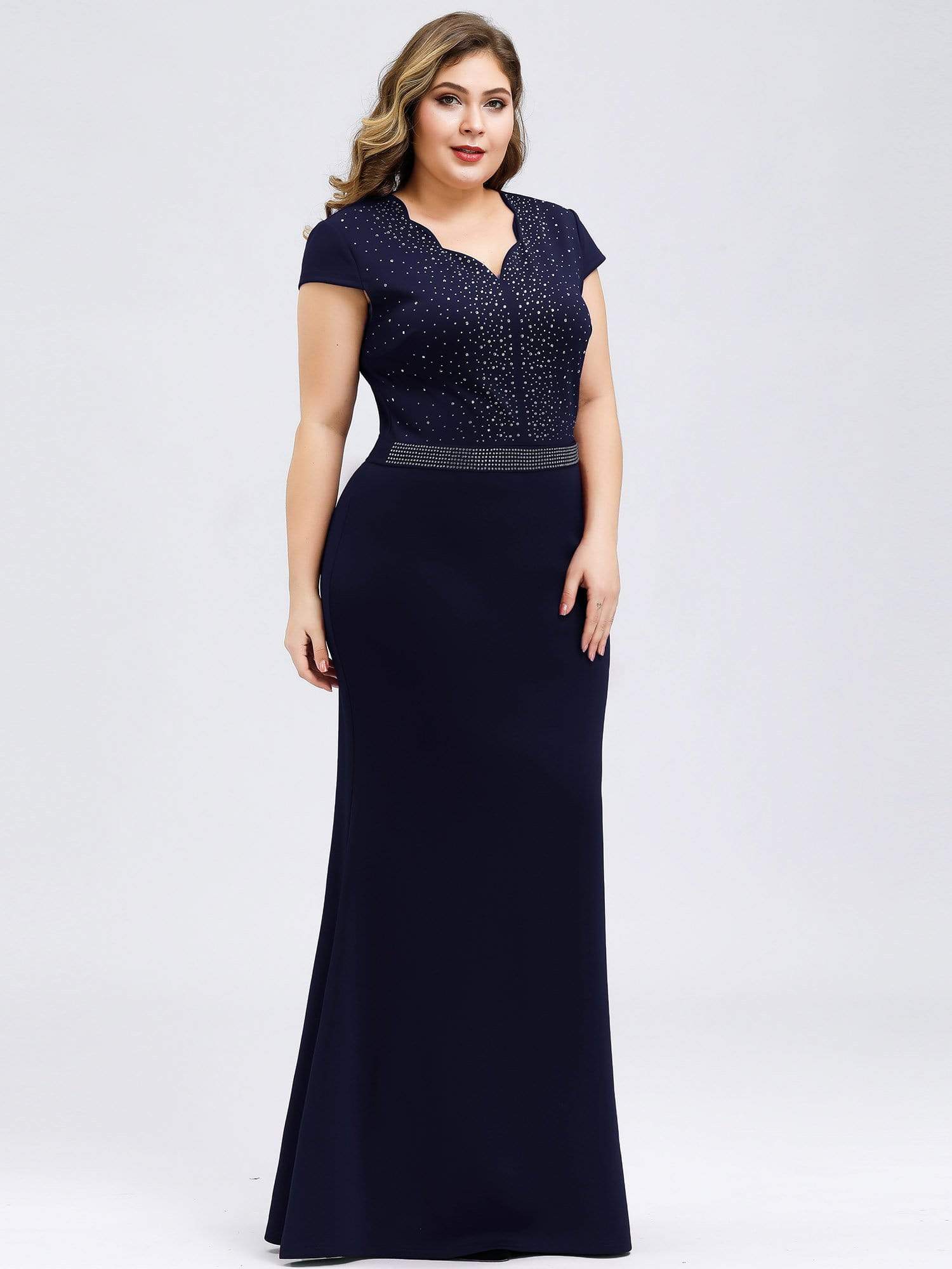 Sparkly Rhinestone Print Plus Size Evening Gowns With Cap Sleeve