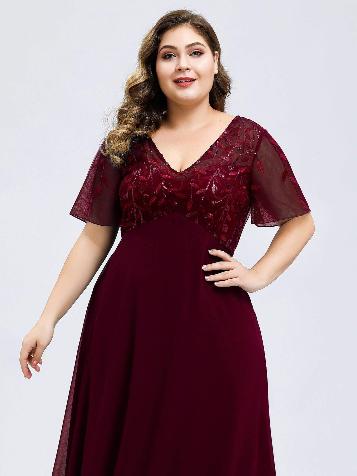 Plus Size Floral Sequin Print Evening Party Dresses with Cap Sleeve