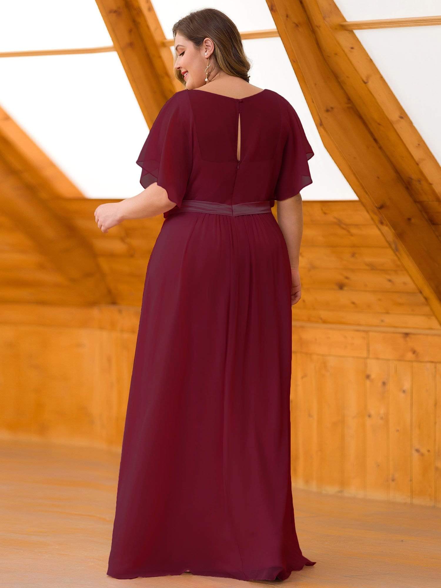 Maxi Long Flowy Chiffon Plus Size Evening Dress with Short Sleeve