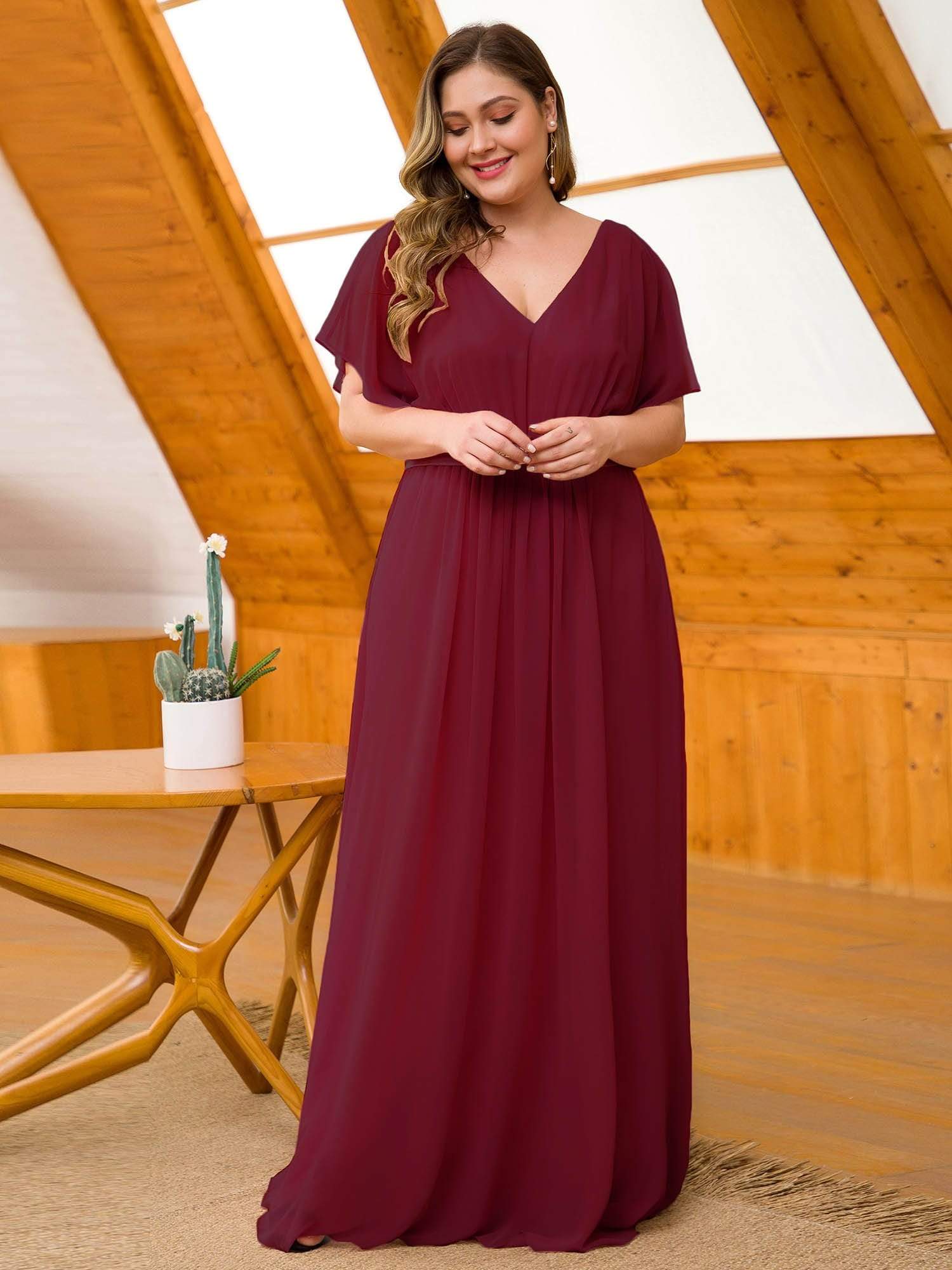 Maxi Long Flowy Chiffon Plus Size Evening Dress with Short Sleeve