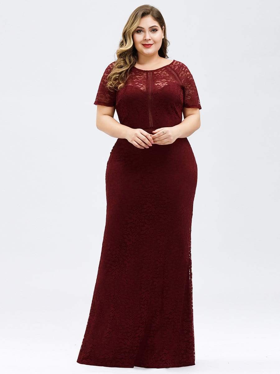 Plus Size Mermaid Floral Lace Print Evening Dress with Short Sleeve
