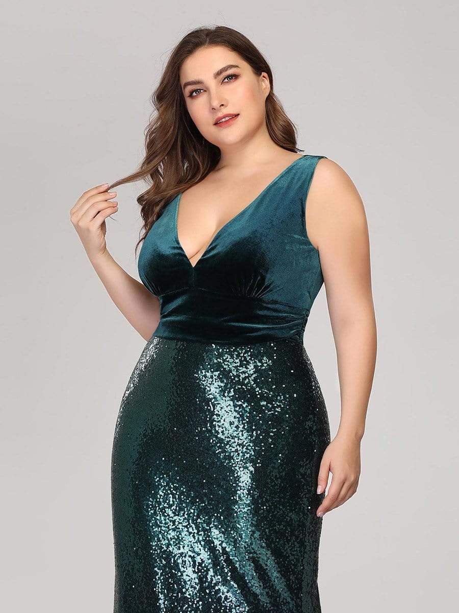 Floor Length Sequin & Velvet Maxi Long Plus Size Mermaid Prom Dresses
