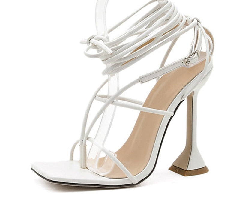 Lace-Up Strappy Square Toe Triangle Heels