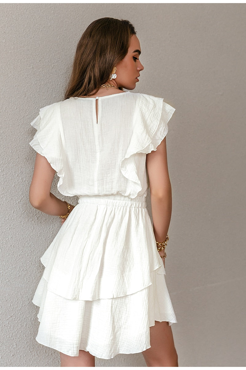 White Cotton female chic Dresses Fashion Solid Ruffled Mid-length High-waist Vestidos Sleeveless Summer women Dress 2021