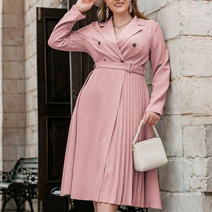 Plus Size Formal Buckle Belted Pleated Dress Long Sleeve V-Neck