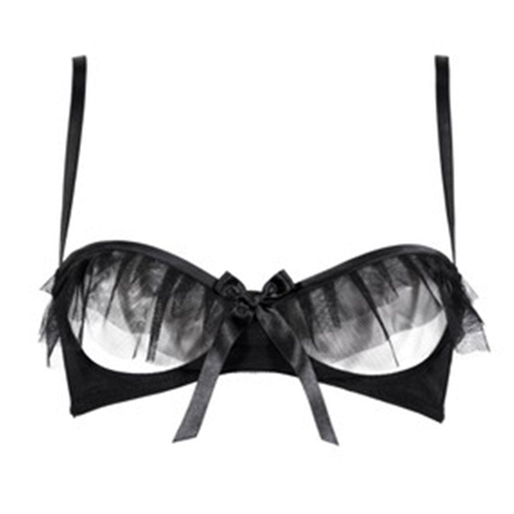 sexy ruffles 4pcs bras+panties+garters+stockings yarn transparent unlined S M L XL underwear set