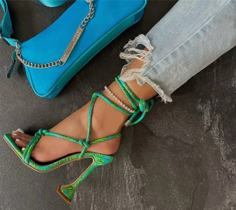 Lace-Up Strappy Square Toe Chunky Heels