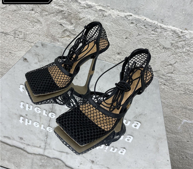 Square toe lace-up sandal with mesh panel