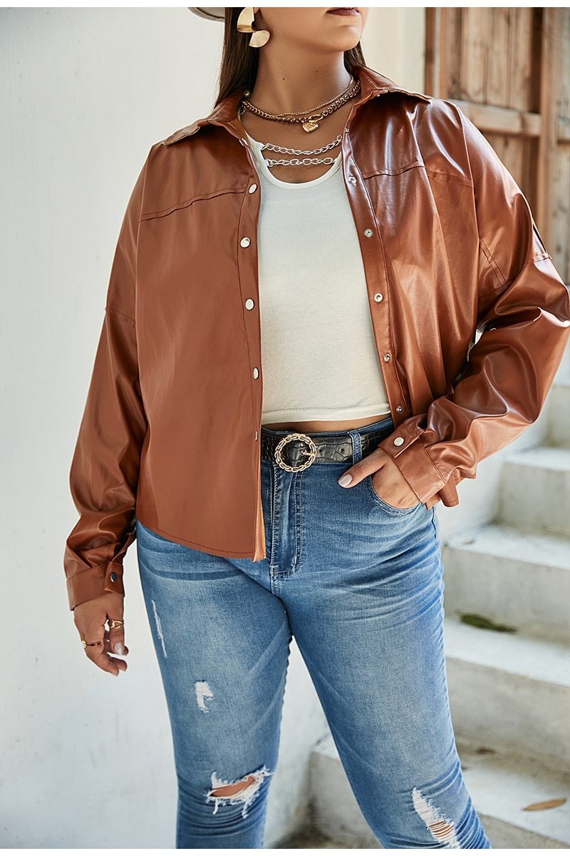 Plus Size Modern Buttoned Faux Leather Jacket