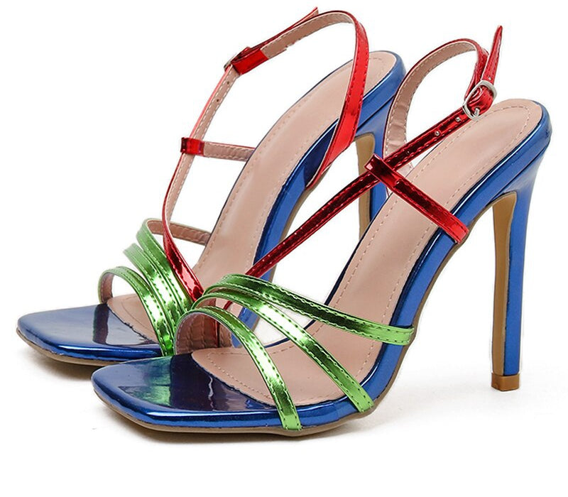 Multicolor Lace Up Ankle Strap Open Toe Thin Heels