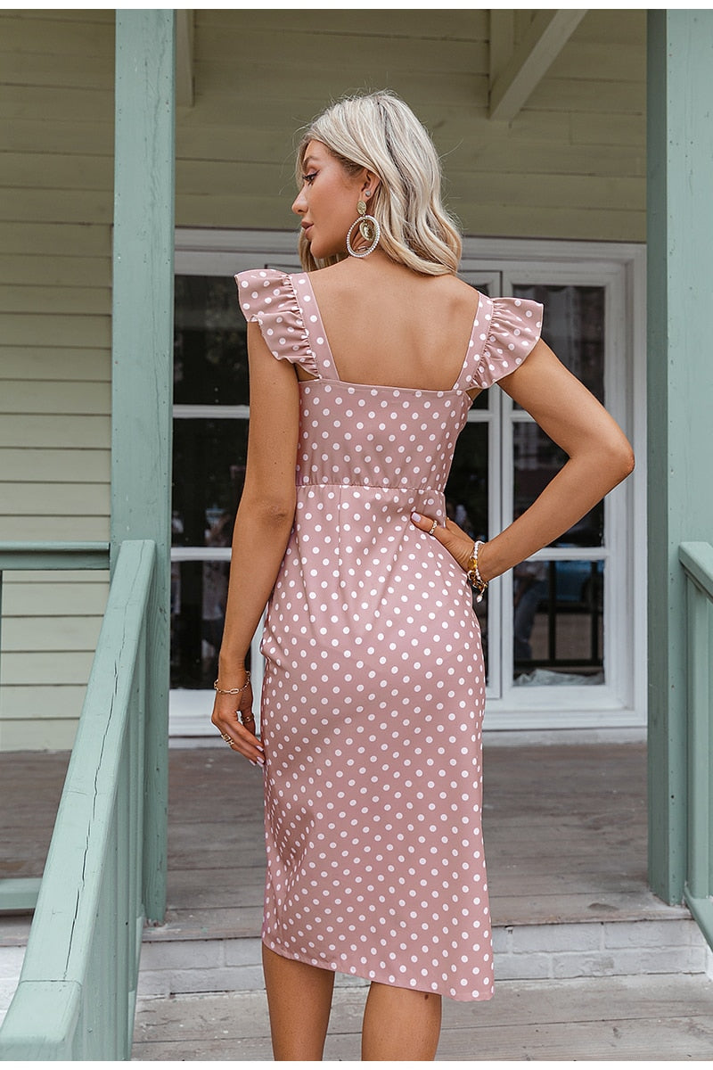 Polka dot print pink slim party dress women Ruffle sleeveless elegant