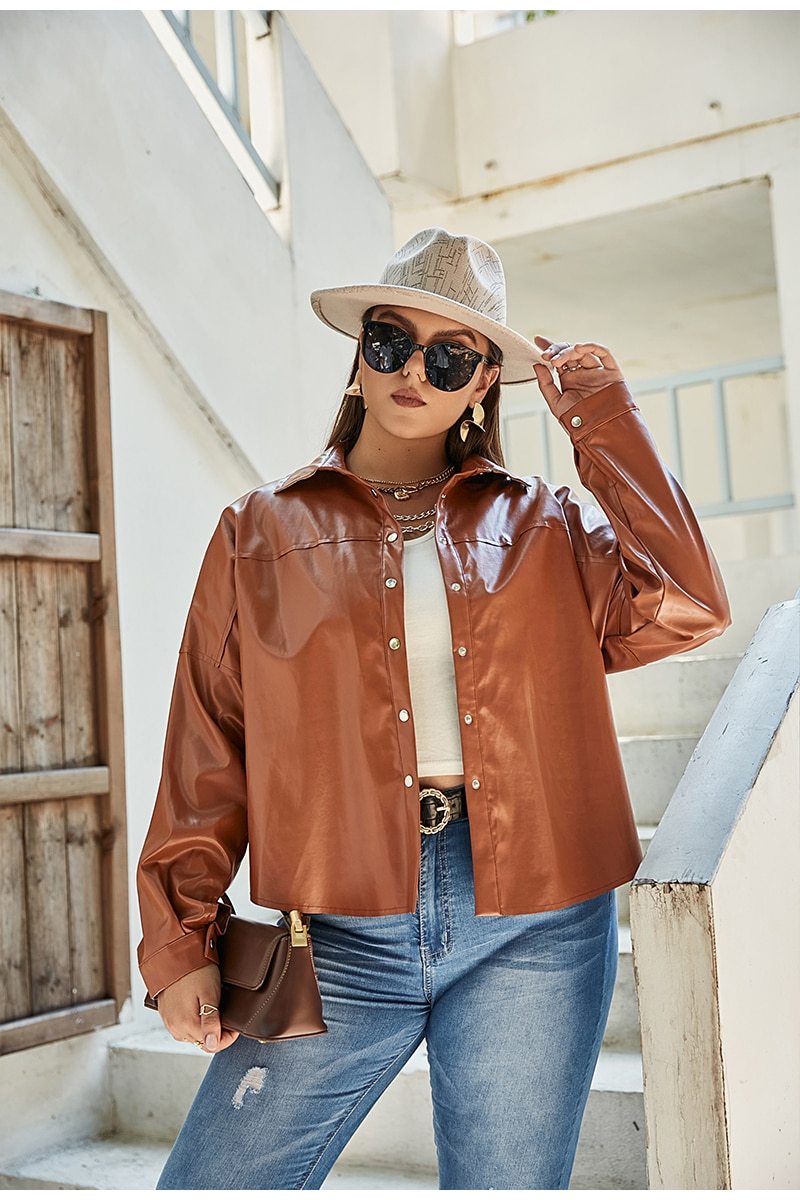 Plus Size Modern Buttoned Faux Leather Jacket