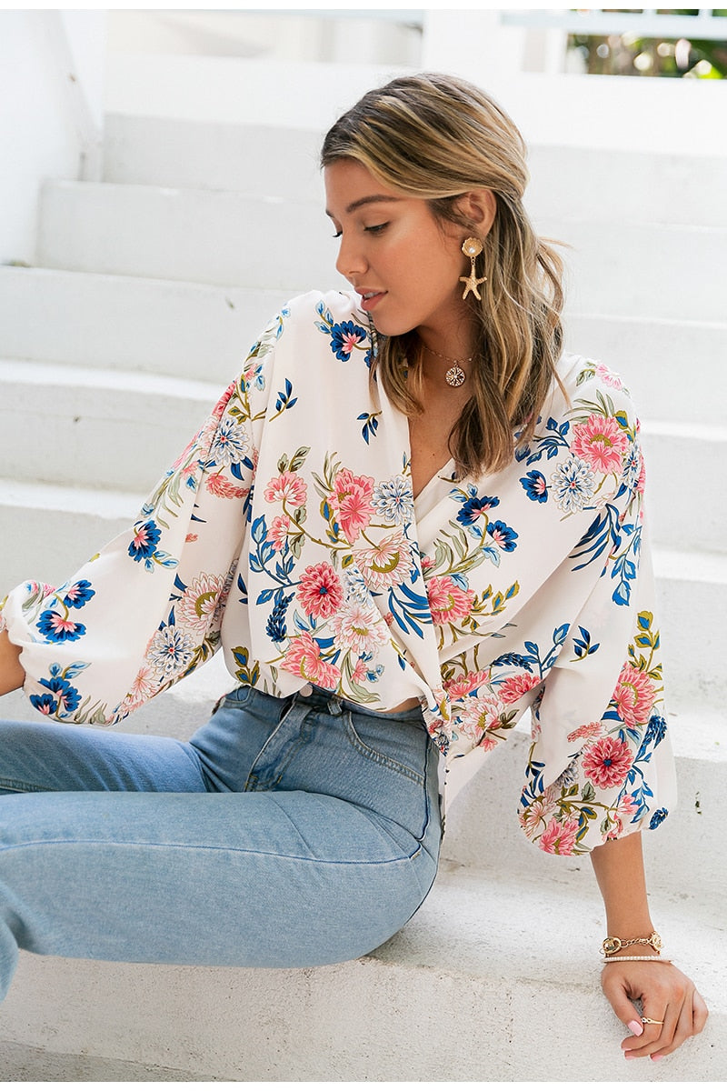 Casual printed women blouse Loose Summer puff sleeve V-neck floral