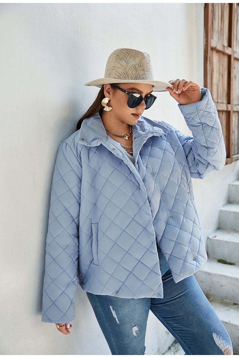 Plus Size Slant Pocket Buttoned Quilted Jacket For Women