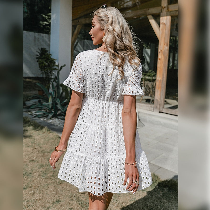 Sexy v-neck lace stitching white dress 2021 summer new Short-sleeve